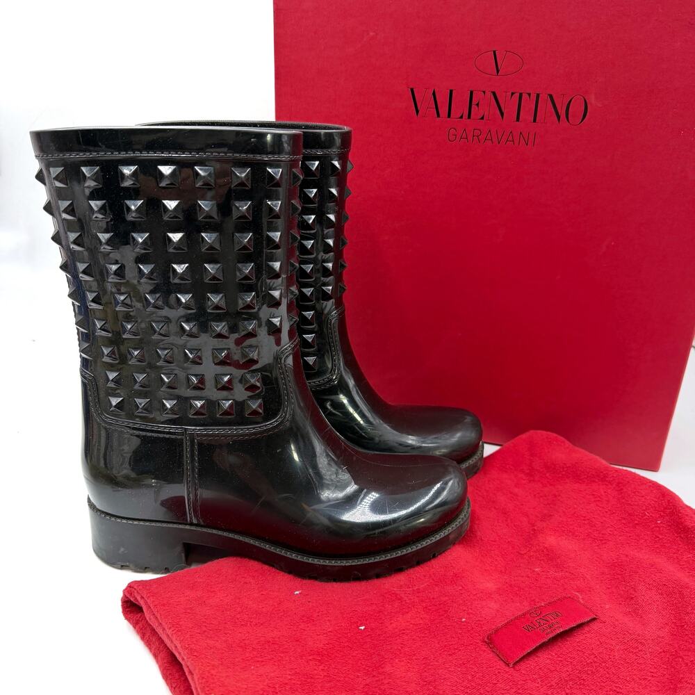 Valentino Rockstud Rainboots Black Mid Calf Rubber Waterproof Sz 37 / 7 Women's